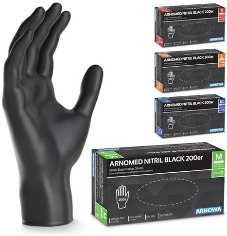 ARNOMED Gants jetables noirs, 200 pièces/boîte, gants nitrile taille M, non poudrés & sans latex, gants jetables, gants disponibles en tailles - M