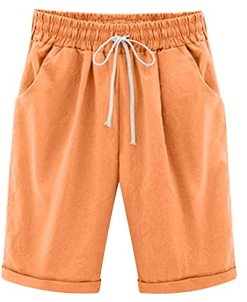 oglccg Half Pants Plus Size Knee Length Cotton Linen Shorts with Pockets Summer Solid Beach Vacation Shorts Straight Leg Trousers Drawstring Elastic Waist Bermuda Shorts Work Shorts, Orange, 3XL