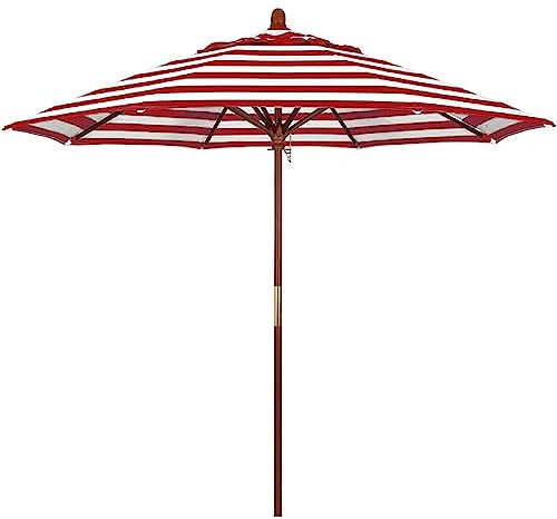 UTMACH Sombrilla de patio ventilada, sombrilla de playa de rayas blancas rojas, sombrilla de madera de 3 alturas ajustables para exteriores con polea