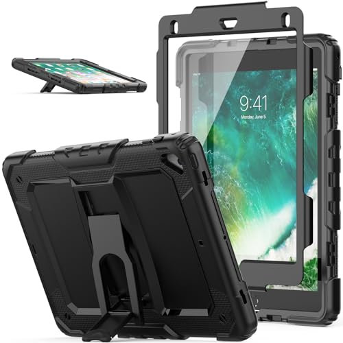 SEYMAC Stock Case for iPad 6th/5th Gen, Air 2, Pro 9.7 inch - 3-Layer Full Body Shockproof Case with Folding Stand/Screen Protector, Drop-Proof for iPad 9.7 inch, Black