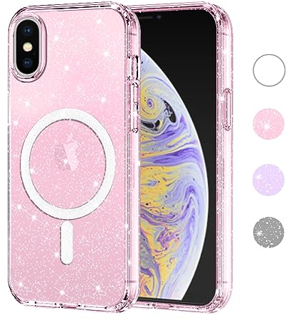Yoedge Coque Magnétique à Paillettes pour Apple iPhone XS Max 6,5” Compatible avec MagSafe Étui Housse Glitter Souple TPU Bumper PC Back Transparente Brillant Rose Cover pour iPhone XS Max Case