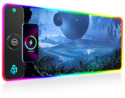 GIM Wireless Charging RGB Gaming Mouse Pad 15W, LED Mouse Mat 800x300x4MM, 10 Light Modes Extra Large Mousepad Non-Slip Rubber Base Computer Keyboard Mat for Gaming (Magnetism-Planetary Dreams)