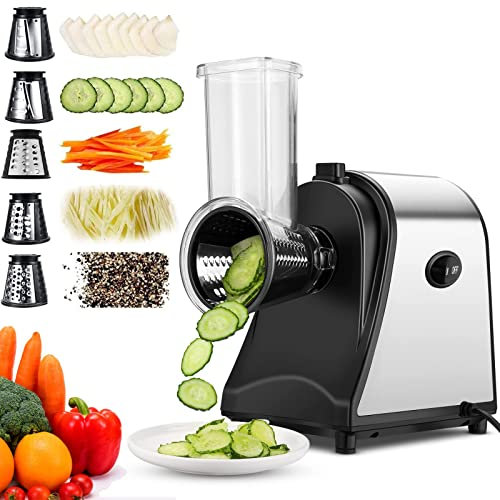 Meykey Cortador eléctrico de verduras de acero inoxidable, 250 W Rallador Eléctrico de Verduras y Fruta, cortador eléctrico de verduras, cortador eléctrico de verduras, 5 cuchillas cónicas