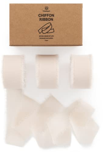 Vitalizart Nackt Schleifenband 2,5 cm x 19,2 m, Geschenkband Chiffonband Fransenstoffband, Bänder-Set für Hochzeitseinladung, Brautstrauß, Dekoration, Geschenkverpackung, Schleifenherstellung