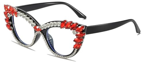 LJCZKA Vintage Blaulichtfilter Brille Katzenaugen mit Strasssteinen Damen, Retro Brille Ohne Stärke Damen Strass Brille mit UV-Schutz