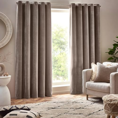 furn. Yard Heavy Chenille Eyelet Curtain Pair – Lined Room Darkening Soft Velvet Curtains (Greige - Width 168 x Drop 229cm)