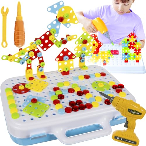 KRUZZEL Mosaik Steckspiel Steckmosaik mit Elektrische Bohrmaschine Gabelungen 3D Puzzle Werkzeugkasten Bastelset im Koffer Montessori DIY 22444