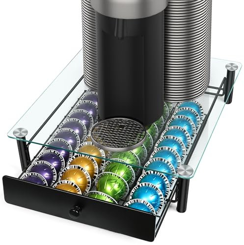 ROWISE Tiroir à dosettes de café, tiroir en verre trempé compatible avec les capsules Nespresso Vertuo, peut contenir jusqu'à 40 capsules, taille 33 x 37,3 x 8,9 cm