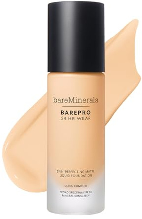 bareMinerals BAREPRO 24H Matte Flüssige Mineral-Foundation SPF 20, 30ml | Atmungsaktive Formel verbessert das Hautbild und bietet unsichtbare, volle Deckkraft mit natürlichem mattem Finish.