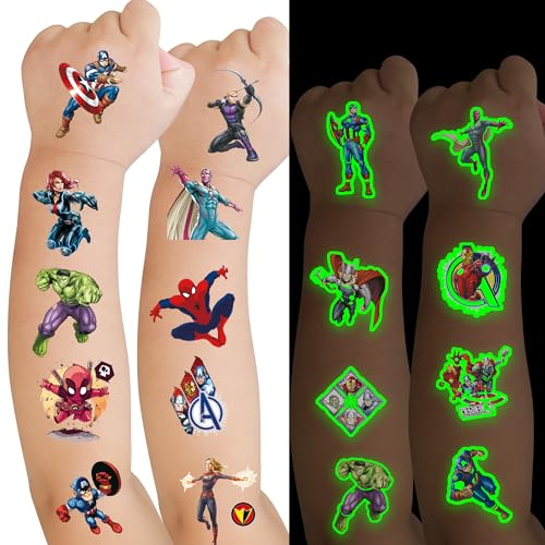 Leuchtendes Tattoo The Avengers, Tattoo Kinder 6 Blätter, Hautfreundliche Kindertattoos-Sticker Für Mädchen Und Jungen, Wasserdichtes Temporäre Tattoos Für Kindergeburtstag Und Partyspiele