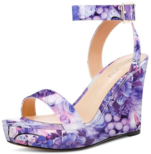 NobleOnly Donna Aperte sulla Punta Alto High Zeppa Tacco Heel Piattaforma Cinturino alla Caviglia Sandali Fibbia Dress Ballo Scarpe 10 CM Heels Fiore Viola 40 EU