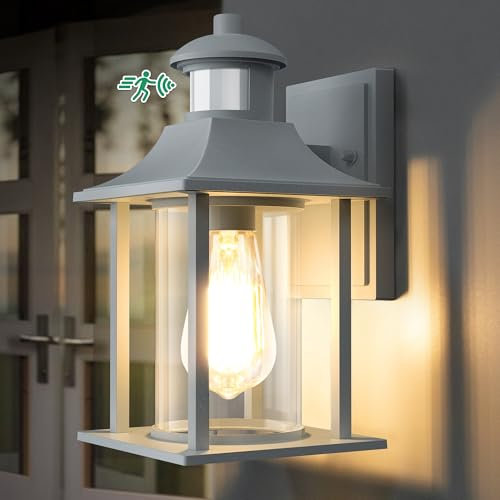 Lamomo Outdoor Wall Light,Grey Motion Sensor Light Outdoor with Bulb,Waterproof Aluminum Security Light Sensor Wall Lantern Anti-Rust Outside Wall Sconce for Garden Doorway