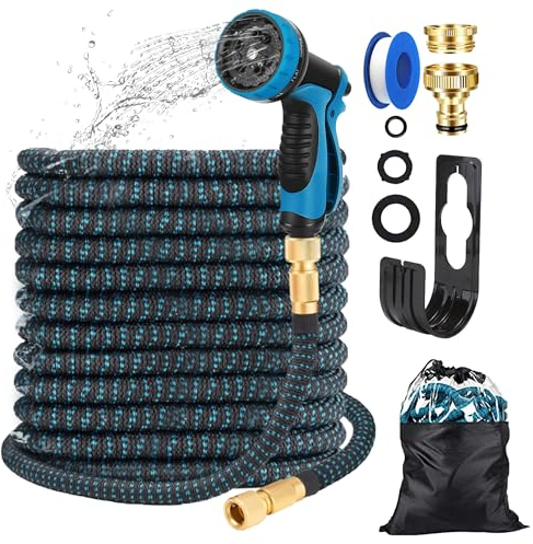 DAMUROS Manguera Extensible 15m – 3750D + Triple Látex – Pistola 10 Funciones Zinc, Conectores Latón – Antitorsión, Ligera, Flexible – Incluye Cinta Teflón, Gancho y Caja de Almacenaje