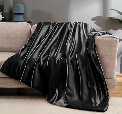 Luowei Satin Decke 220 x 240 cm Schwarz Kühlende Leicht zu tragen Seide Decke Luxuriös Komfortabel und AtmungsaktivKann Körper Kühl Halten für Sommer Nachtschweiß und Tierhaarausfall zu Hause