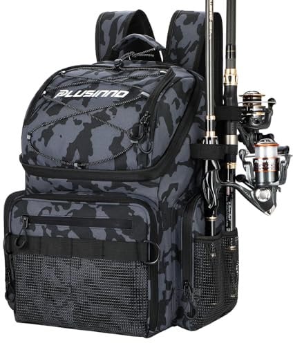 PLUSINNO Fishing Backpack with Rod Holders & Cooler, 45L Large Water-Resistant Fishing Tackle Bag,Fishing Tackle Backpack Store Fishing Gear for Camping,Fishing Gifts for Men Father Black Camo