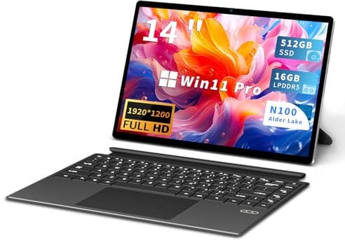 KUMNOSAL PC Portatile 2 in 1 con Touchscreen da 14 FHD IPS Notebook 12º Gen Alder Lake N100,16GB LPDDR5 512GB SSD,Win11 Pro, BT5.2, WiFi6, Tipo-C,Tastiera retroilluminata Tablet portatile rimovibile
