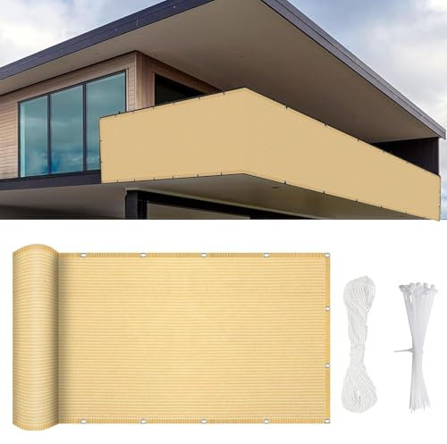 Bâche de Balcon Brise-Vue 850 x 40 cm en Polyéthylène Haute Densité, Brise-Vue pour Balcon Protéger Les Écran D'Intimité, avec Attaches de Câble, pour Balcon, Porches, Jaune Sable