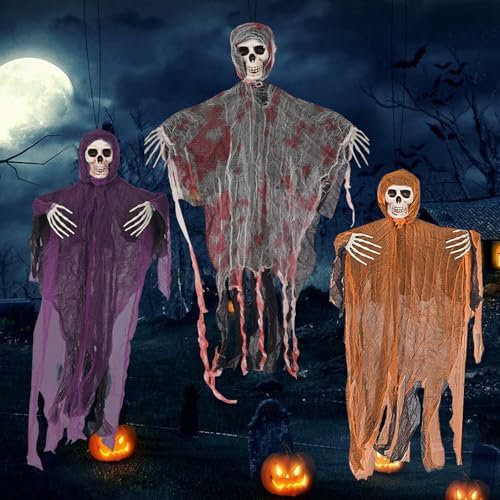 3 Stück Halloween Hängende Sensenmänner, Skelett Deko Horror, Halloween Dekorationen Geist, Skelett Geister Dekor, für Garden, Draußen Deko, Horror Party