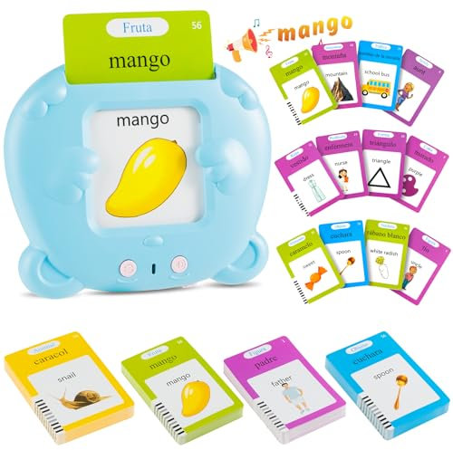 Spanisch-Lernkarten, sprechende Lernkarten, Lernspielzeug für Kinder im Alter von 1–6 Jahren, 112 Blatt 224 Wörter, akustisches Lernspielzeug, interaktives Spielzeug für Jungen und Mädchen – Blau