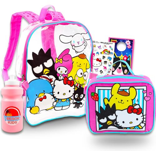 Hello Kitty Mochila transparente para la escuela, paquete de mochila de Hello Kitty y amigos, fiambrera, botella de agua, calcomanías, más | Mochila transparente para niños