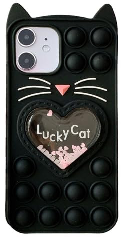 Asgens Fidget Phone Case for iPhone 12/12 Pro, Cartoon Lucky Pop Black Cat Quicksand Bling Stars Push Bubbles Shockproof Silicone Soft Case for Apple iPhone 12/12 Pro 6.1 inch