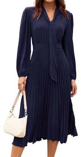 GRACE KARIN Damen Herbst Winter Plissee Fliege V-Ausschnitt Elegantes Abendkleid mit Hoher Taille Marineblau 44