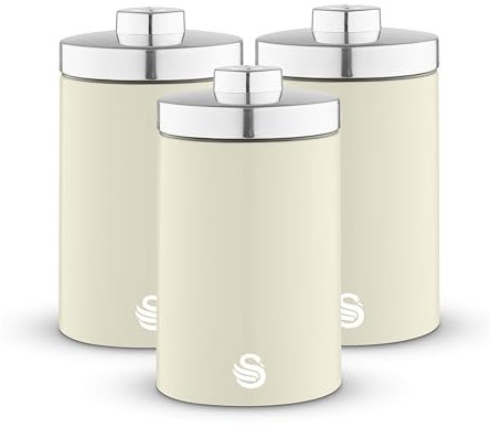 Swan SWKA18530CN Townhouse Set of 3 Kitchen Storage Canisters for Tea, Coffee, and Sugar with Pull Chrome Handles, Airtight Lids, Colour Coated Iron and Chrome Accents, 1.6L, Cream