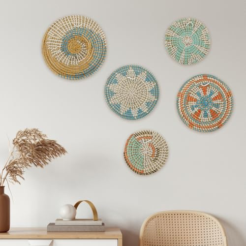 QINGLANG Juego de 5 Cestas Tejidas para Pared, Platos Decorativos de Latón Hechos a Mano, Decoración de Casa de Campo