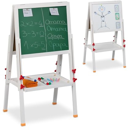 Relaxdays Kinderstandtafel, höhenverstellbar, magnetisch, Whiteboard & Kreidetafel, HBT: 81-104 x 45 x 42 cm, Holz, weiß