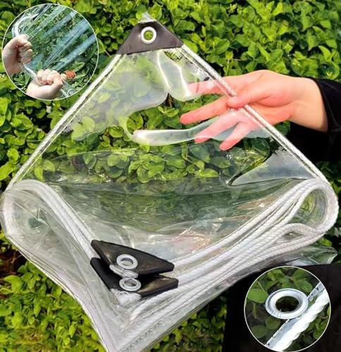 Wasserdichte transparente PVC-Plane mit Ösen für den Außenbereich, strapazierfähige Abdeckfolie für Pavillon, Seitenteile, Tomatenständer, Balkon, Gewächshaus, Gartenmöbel (4,8 x 7,6 m)