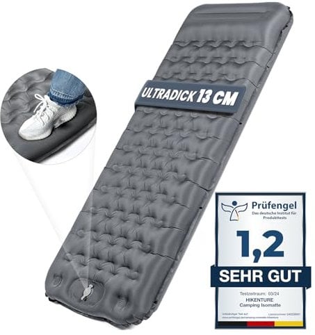 HIKENTURE Isomatte Selbstaufblasend, 13CM Ultradicke Isomatte Camping mit Kissen, Aufblasbare Luftmatratze Kleines Packmaß, Ultraleichte Schlafmatte mit Fußpumpe für Outdoor, Wandern, Zelt - Grau