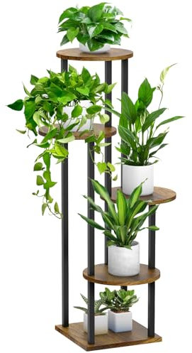 SMFANLIN Pflanzenständer mit 5 Ebenen, Metall, Holz, hoch, Blumentopfständer für mehrere Pflanzen, Eckblumenhalter, Pflanzenständer, für Wohnzimmer, Balkon, Terrasse, Garten (Rustic Brown)