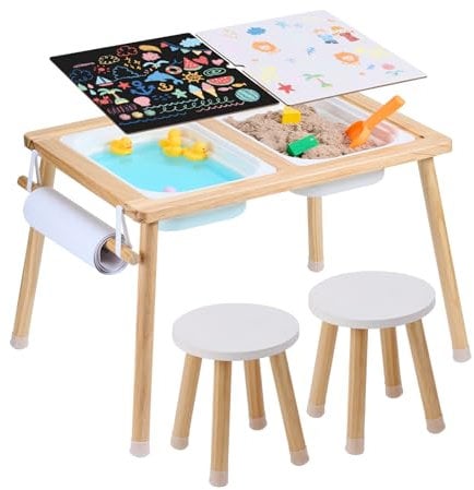 VEVOR Sensorisches Tischset Aktivitätstisch Kindersitzgruppe und Sand-und Wasserspieltisch mit 2 Hockern & 2 Aufbewahrungsbehältern & Papierrollenhalter, Kindertisch Holz – Geschenk für Kinder