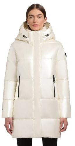 khujo Damen Wintermantel in glänzender Optik Warmer wasserdichter Steppmantel lang mit Abnehmbarer Kapuze Haya Shiny-YM Off White Gr. M