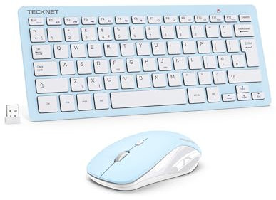 TECKNET Mini Wireless Keyboard and Mouse Set, 2.4G Cordless USB Keyboard and Silent Mouse Comb with Nano USB Receiver, 12 Multimedia Shortcuts for Computer, PC, Laptop, Desktop, Blue