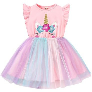 DivingBirds Girls' Dresses Unicorn Dress for Girl Ruffled Tulle Tutu Kids Dress Summer Outfits Party Gifts Pink 3-4 Years