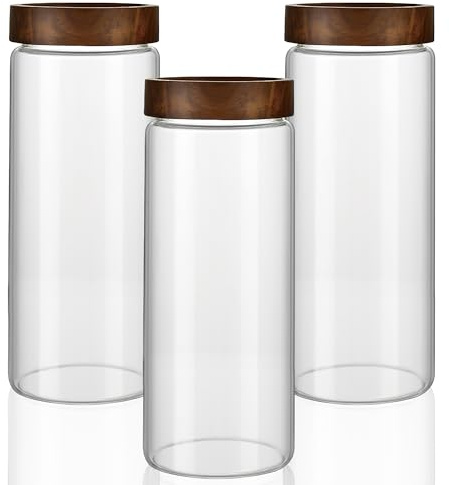 INCETUE Vorratsgläser mit Deckel Luftdicht 3er Set, 1500ml Groß Hoch Vorratsdosen Glas mit Spiral-Holzdeckel für Müsli, Tee, Kaffeebohnen, Pasta, Nudeln, Mehl, Overnight Oat, Küche Aufbewahrung Glas