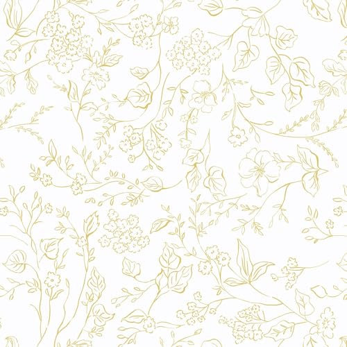Timeet Selbstklebende Tapete Weiß und Gold Blumen Klebefolie Botanischer Möbelfolie Selbstklebend Textur Möbelaufkleber Wasserfest Vinyl Folie für Möbel, Küche 44x300CM