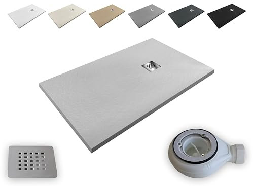 Plato de Ducha Resina Aligerado Extraplano Aligeres® -Todas las medidas disponibles -Antideslizante Textura Pizarra - Incluye Válvula desagüe+Rejilla (GRIS CLARO RAL 7035, 80x150)