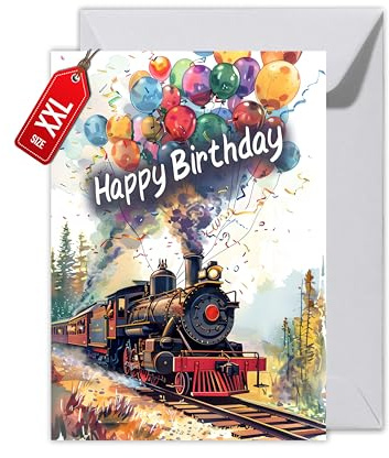 WBdesignz Geburtstagskarte für Eisenbahn-Fans mit Umschlag - Dampflok Ballons Glückwunschkarte farbenfrohe Eisenbahn Kinder Jungs Zug-Motiv verspielt (XXL DIN A4)