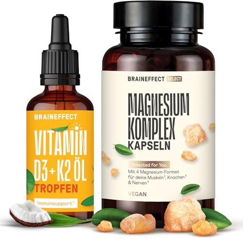 BRAINEFFECT Hochwertige Vitamin D3 K2 Tropfen + Magnesium - Decken 500% | des Tagesbedarf, D3 Vitamin als 17 Monatsvorrat, Hochdosiertes Vitamin D3 Tropfen (50ml + 180 Kapseln)
