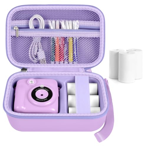Kids Instant Print Camera Case for ESOXOFFORE Digital Video Cameras with 3 Rolls Paper Refill, Toddler Film Camera Storage Holder Bag with Mesh Pocket for Thermal Paper Accessories (Box Only) (Purple)