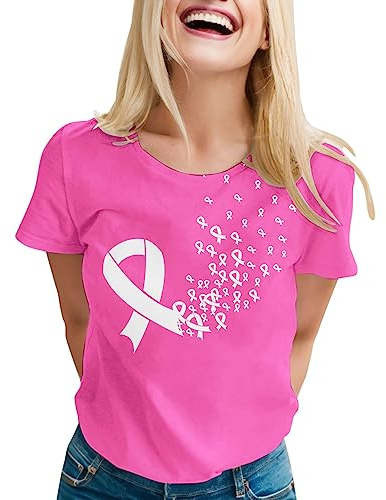 2025 Tee Shirt Octobre Rose Femme - Ruban Sensibilisation Cancer du Sein, Manche Grande Taille Sport Soutien - Tshirt Rose