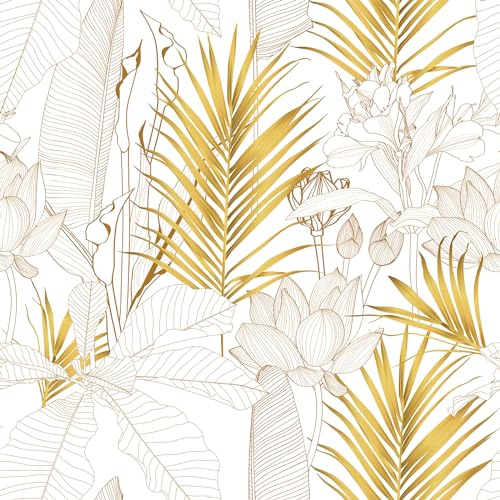 VEELIKE Tapete Blumen Gold Lotusblumen Mustertapete 44.5 cm × 900 cm Selbstklebende Tapete Palmenblätter Gold Boho Blumentapete Tropische Blätter Fototapete Schlafzimmer Wohnzimmer Badezimmer