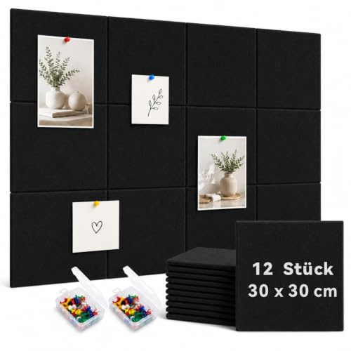 BravoForge Groß Pinnwand Filz, 12 Stück 30 x 30 cm Schwarze Filzwand mit 60 Stecknadeln und 72 Sichere Abnehmbaren Klebetabs, Korkwand-Alternativen für Wand, Haus, Büro, Schule, Fotos Memos (Schwarze)
