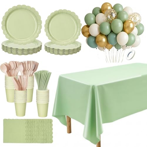 232 Pcs Sage Green Paper Plates and Napkins,Cups,Balloons,Straws,Sage Green Party Supplies Including Tablecloth Plates Cups Napkins Straws for Baby Shower Birthday Wedding Party