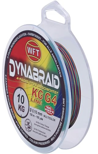 WFT Round Dynabraid G4 Multicolor Geflochtene Angelschnur, 4-Fach UHMPE-Faser, Farbwechsel-System, für Spinnfischen und Tiefseefischen, 300m, 0,10mm-0,35mm, 10KG-35KG Tragkraft