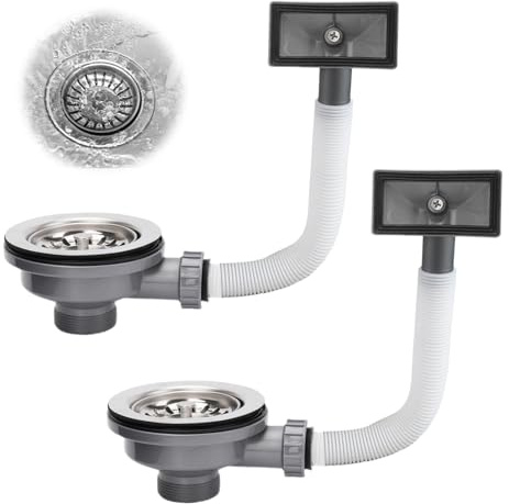 VZU 2pcs Kitchen Sink Waste Kit with Overflow, Stainless Steel G1½ Drain & Basket Strainer for 114mm Sink Hole, Includes Square Cover