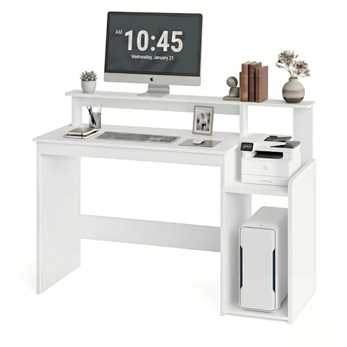 Mondeer Computer Desk with Adjustable Storage Shelf, Office Desk with Monitor Stand, PC Laptop Table for Home Office Bedroom, 110 x 48 x 93 cm White