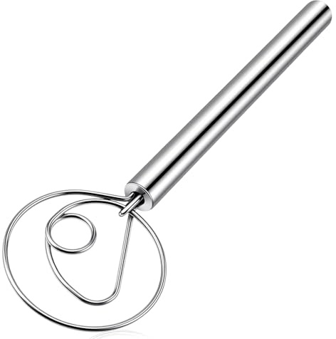 Premium Danish Dough Whisk Stainless Steel Hook Dutch Bread Mixer for Sourdough Baking, Ergonomic Bread Dough Whisk with Single Hole Design, Silver, 7.87-Inch Handle